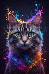 Fototapeta premium Colorful cat portrait with vibrant splashes of paint showcasing stunning emerald eyes at nighttime