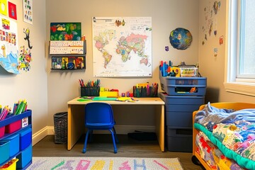 Colorful Kids Study Room with World Map