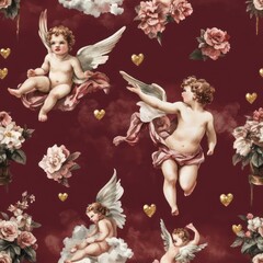 Romantic Watercolor Frame with Cupids and Floral Elements for Chinese New Year Celebration, Featuring Soft Pink and White Flowers on a Rich Red Background