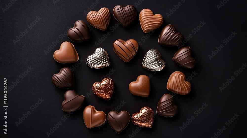 Poster heart-shaped chocolates wrapped in foil arranged in a circle with ample text area in the center