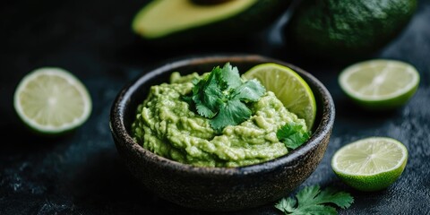 Obraz premium Bowl of creamy guacamole with fresh avocado and lime on a dark textured backdrop garnished with cilantro and sliced lime in foreground