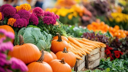 Lush vegetable garden showcasing vibrant carrots, cabbages, and pumpkins in full growth during the harvest season. Generative AI