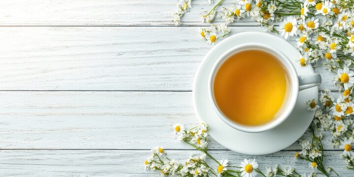 Chamomile tea in a white cup on a light wooden tabletop surrounded by fresh white daisy flowers creating a serene and calming atmosphere