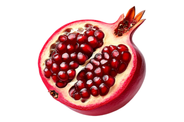 Halved pomegranate showing juicy red seeds and vibrant details, isolated on white transparent background, concept of freshness and nutrition