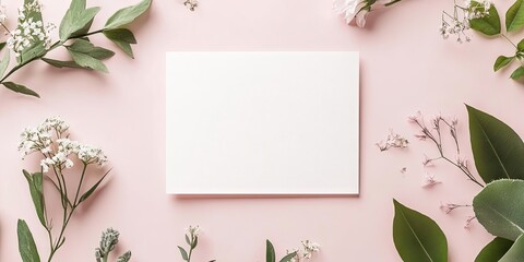 Botanical themed wedding invitation mockup on delicate pink background with white card centered surrounded by greenery and soft floral accents.