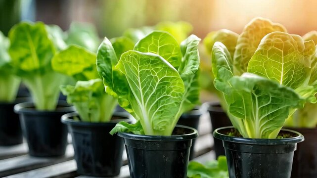 Small pots filled with vibrant romaine lettuce grow in sunlight on a rustic garden table, showcasing healthy green leaves