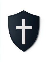 Obraz premium Cross design enclosed in a shield emblem symbolizing protection and faith, featuring a modern minimalistic style and bold contrast