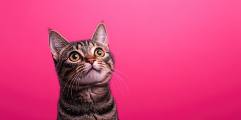 Obraz premium Playful gray tabby cat looking up against a vibrant pink background with ample space for text placement enhancing the cheerful theme.