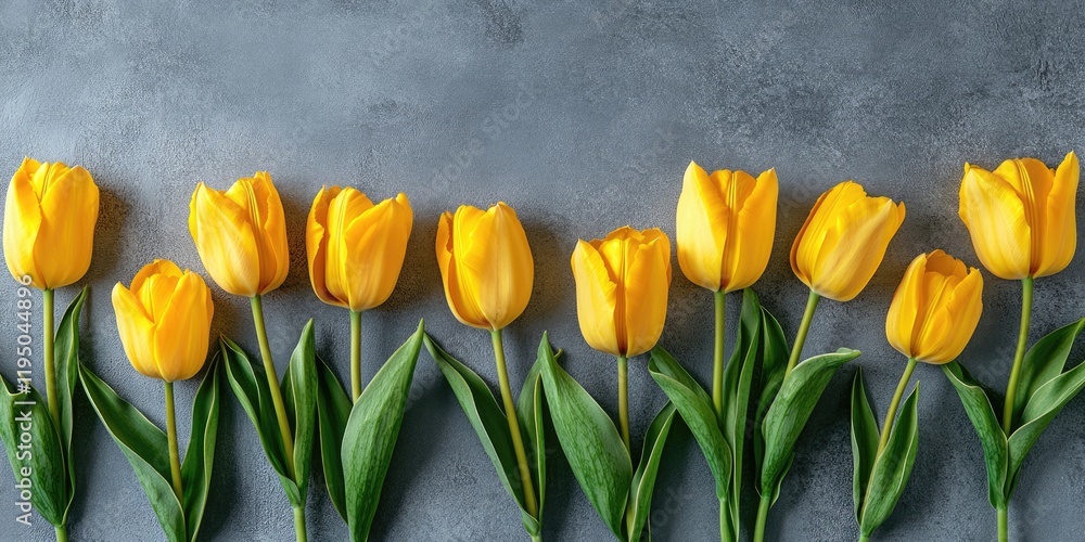 Poster vibrant yellow tulips aligned against a textured gray background with ample space above for text cre