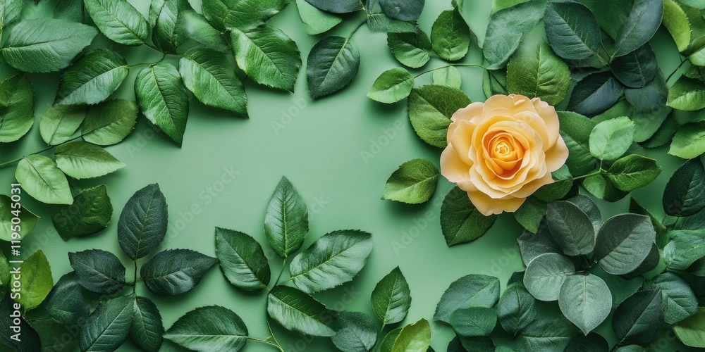 Poster flat lay of vibrant green leaves surrounding a yellow rose on a soft green background with ample neg