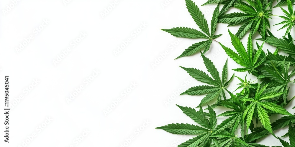 Aufkleber cannabis leaves in various shades of green positioned on the left side of a white background creatin