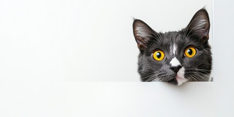 Obraz premium Curious gray cat with bright yellow eyes peeking over a white surface offering ample copy space for text on a clean background.