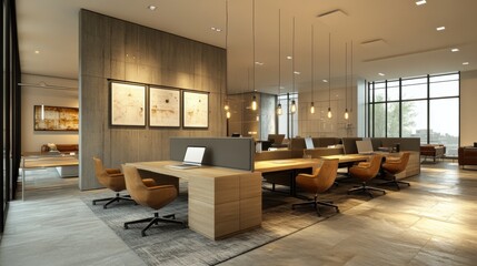 modern co-working space, a contemporary co-working space with artistic pendant lights, subdued colors, and softly focused shared desks and lounge areas