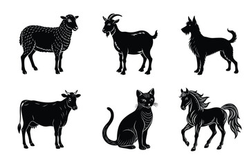 Animal silhouettes set. Domestic animals vector illustration