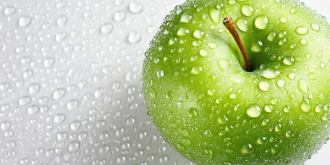 Vibrant green apple with moisture droplets on the left, set against a soft white background with large blank space for text placement.