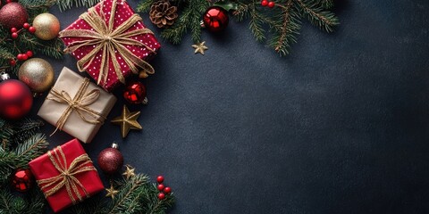 Festive Christmas composition with red and gold presents, ornaments, and pine branches on dark background, creating a warm holiday atmosphere.