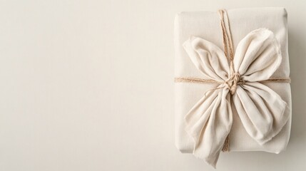 Elegant gift wrapped in soft fabric with natural twine bow, show
