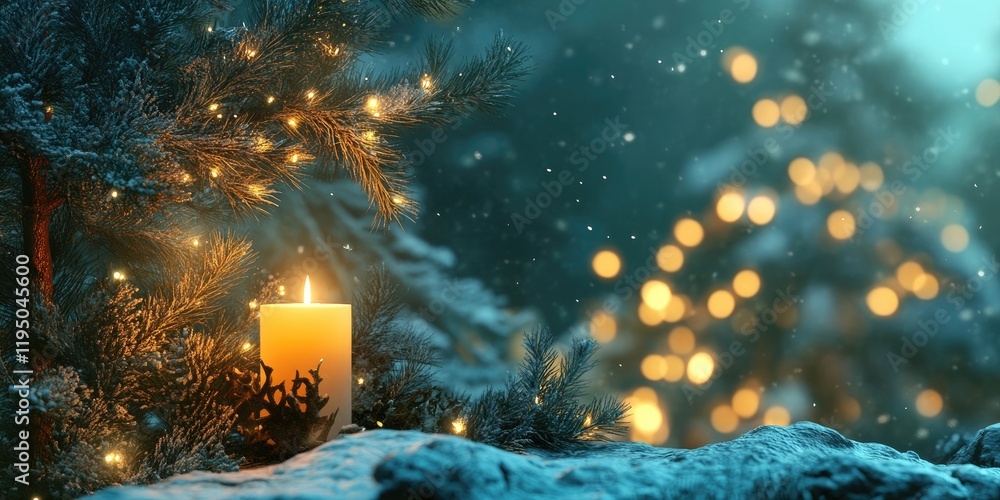 Poster warm candlelight glows beside a snow-covered pine tree with soft bokeh lights in the background, cre
