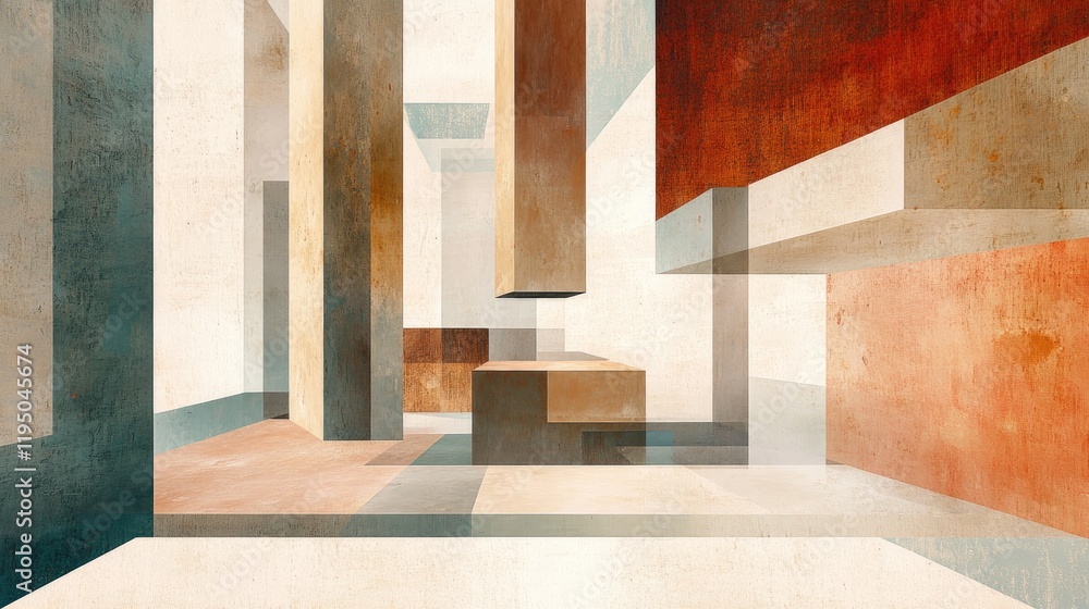 Poster Floating cubes and vertical lines in an abstract geometric composition, combining depth, modern aesthetics, and minimalist design.