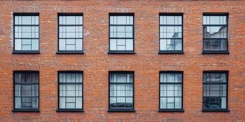 Obraz premium Brick wall with eight rectangular black-framed windows, showcasing a textured reddish-brown surface, evenly arranged in a residential building facade.