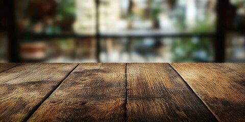Aged brown wooden tabletop with blurred outdoor background creating a natural, rustic ambiance ideal for product displays and presentations.
