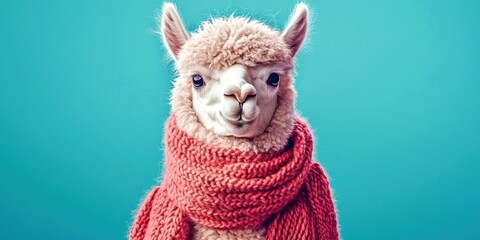 White llama wearing a red scarf