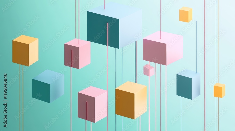 Poster Floating cubes and vertical lines in an abstract geometric composition, combining depth, modern aesthetics, and minimalist design.