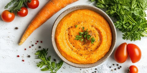 Carrot puree soup in a textured beige bowl surrounded by fresh carrots tomatoes and parsley on a white background top view flat lay composition