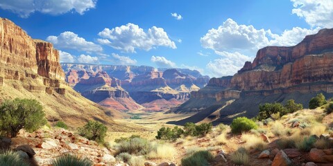 Fototapeta premium Vibrant canyon vista with rocky mountains in the background lush green shrubs in the foreground bright blue sky with fluffy clouds ample copy space
