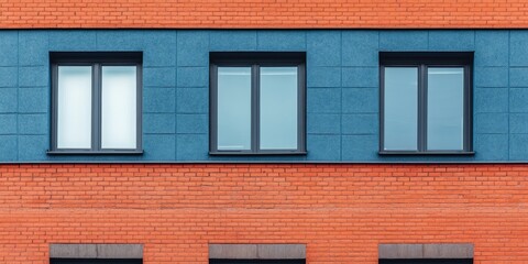 Obraz premium Contemporary residential building facade showcasing red brick and blue paneling with three evenly spaced dark window frames against a clear sky.