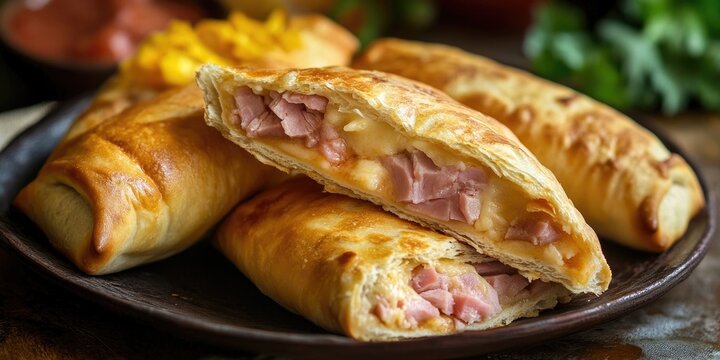 Golden-brown Cachitos filled with ham placed on a dark wooden plate with vibrant green herbs and salsa in the background showcasing Venezuelan cuisine