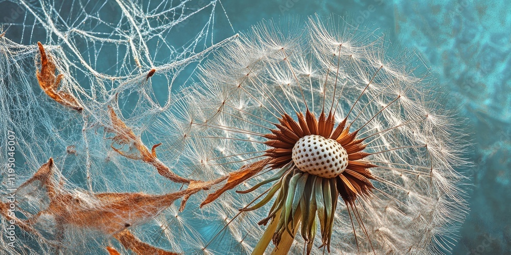 Poster delicate dandelion center surrounded by shimmering cobwebs against a soft blue background highlighti