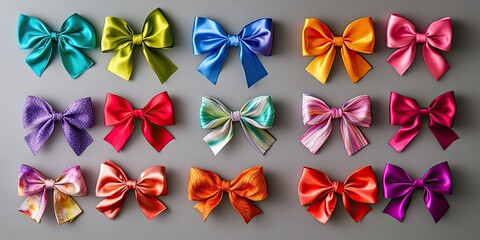 Colorful bows arranged in four rows on a neutral gray background showcasing shades of teal, purple, orange, pink, and green in various styles.