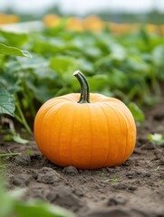 A vibrant orange pumpkin, accentuated by its unique curved stem, stands proudly in a lush green field, all set against the backdrop of a cloudy autumn day