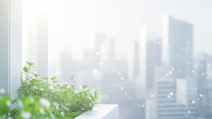 Bright cityscape blurred in background with lush greenery in foc