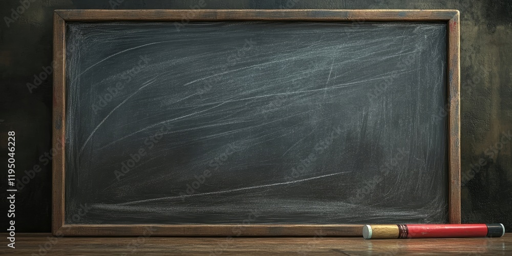 Poster chalkboard with wooden frame positioned centrally showing empty space in dark tones with a red and w