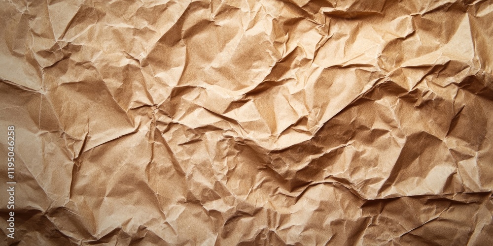 Poster crumpled brown paper texture background in a macro flat lay view showcasing shades of light to dark 