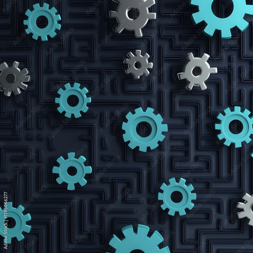 Poster abstract gears and maze patterns with puzzle pieces interspersed