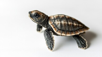 Naklejka premium Baby turtle crawls on smooth surface, showcasing intricate shell
