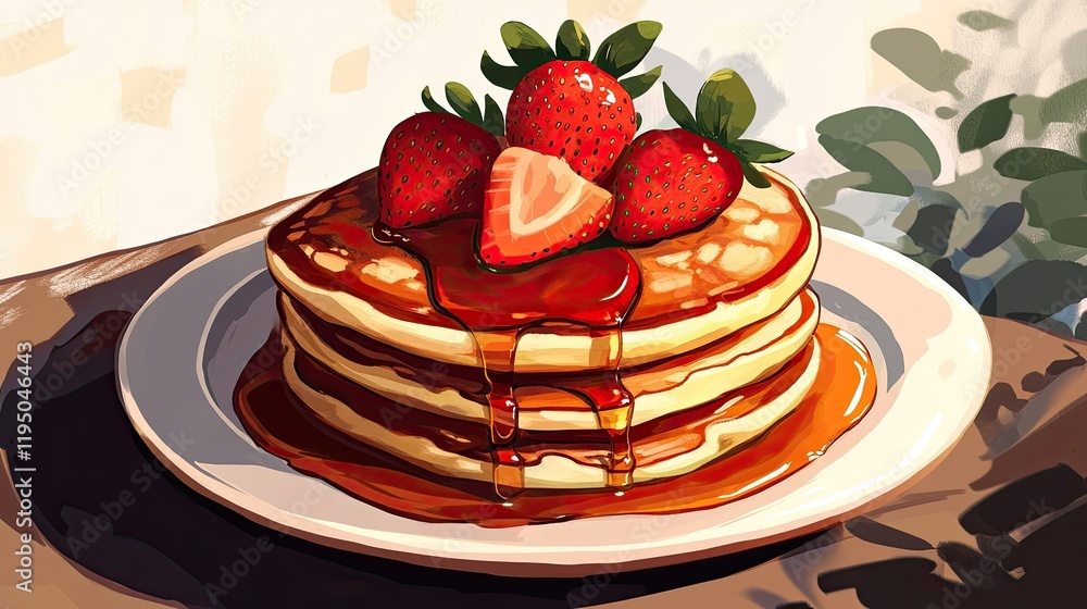 Poster pancakes drizzled with syrup and topped with fresh strawberries, inviting setup with room for text