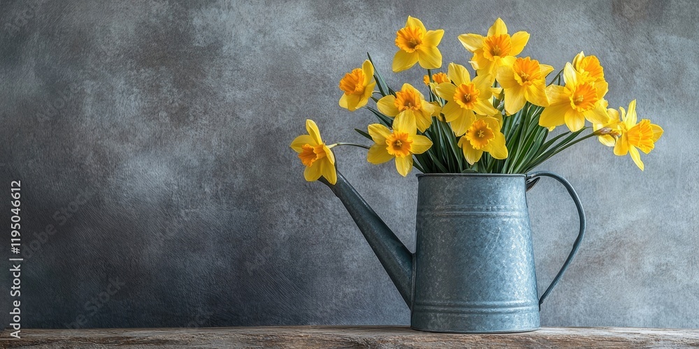 Poster yellow daffodils in a rustic watering can on a wooden surface against a grey textured background cre