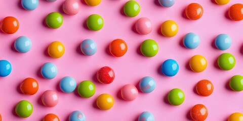 Colorful round candies in various shades of blue, pink, green, orange, and yellow scattered across a vibrant pink background.