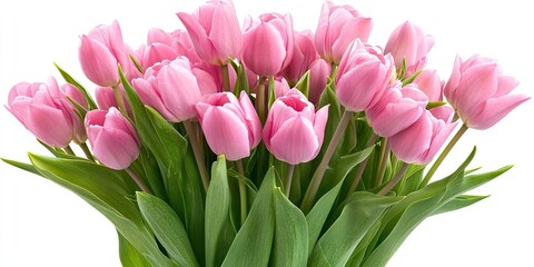 Obraz premium Vibrant pink tulips in a lush green arrangement, elegantly displayed against a crisp white background, ideal for celebrations and special occasions.
