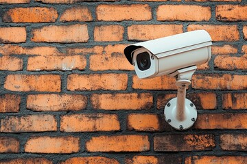 Surveillance camera mounted on textured brick wall, emphasizing