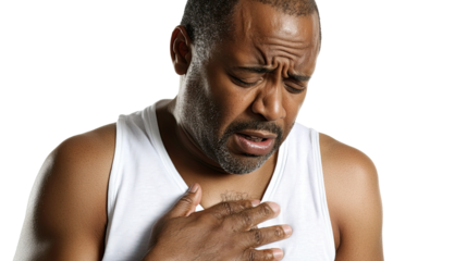 Hispanic man with a chest pain isolated on white transparent background