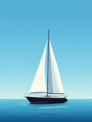 Fototapeta premium A sailboat gracefully glides across serene, sparkling blue waters, showcasing its sleek, geometric sail under the warm glow of bright daylight