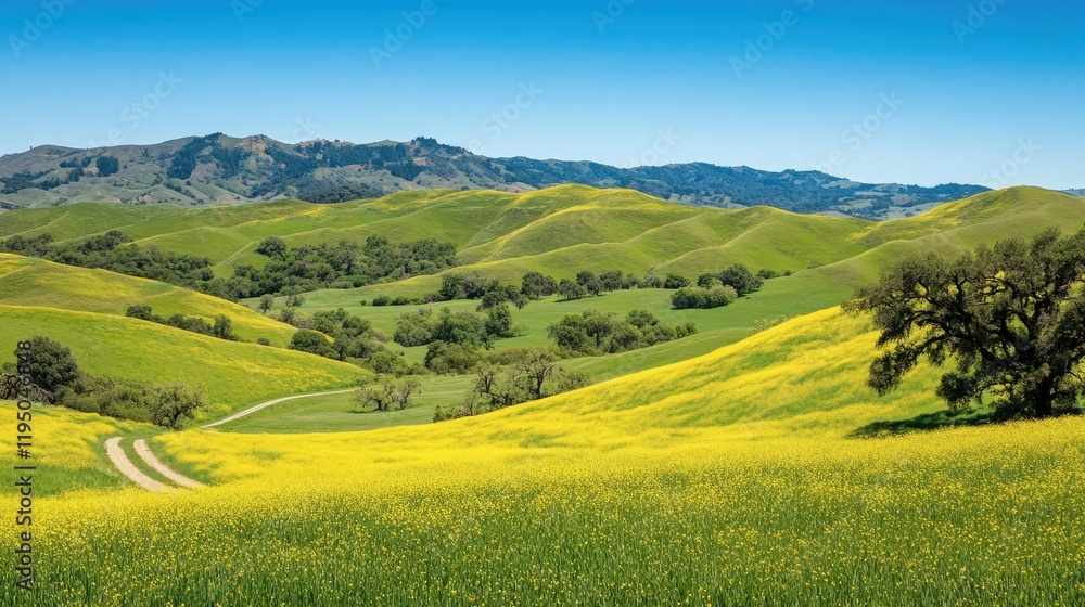 Canvas Prints Rolling hills of yellow canola fields under a bright blue sky with ample copy space