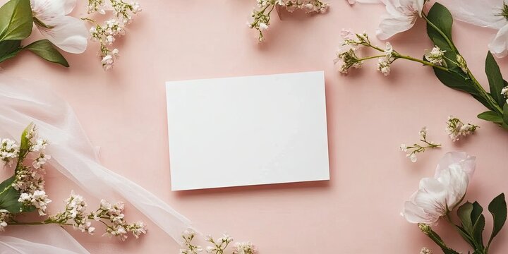 Blank wedding invitation mockup on soft pink background surrounded by delicate white flowers and green leaves creating a romantic floral theme