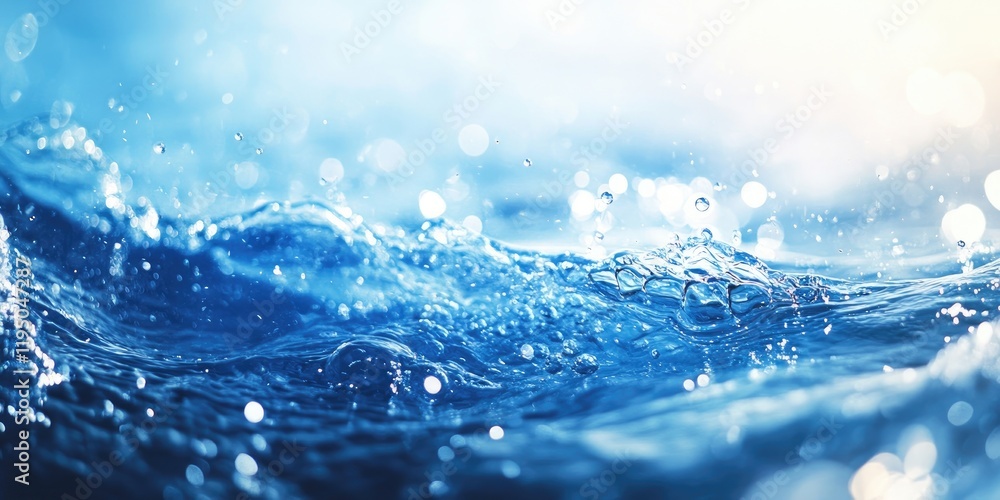 Poster calm blue water texture with splashes and bubbles illuminated by sunlight featuring soft waves and a