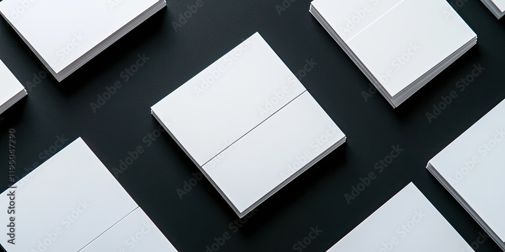 Aufkleber White business cards arranged in a grid pattern on a deep black background creating striking contrast and minimalistic elegance.